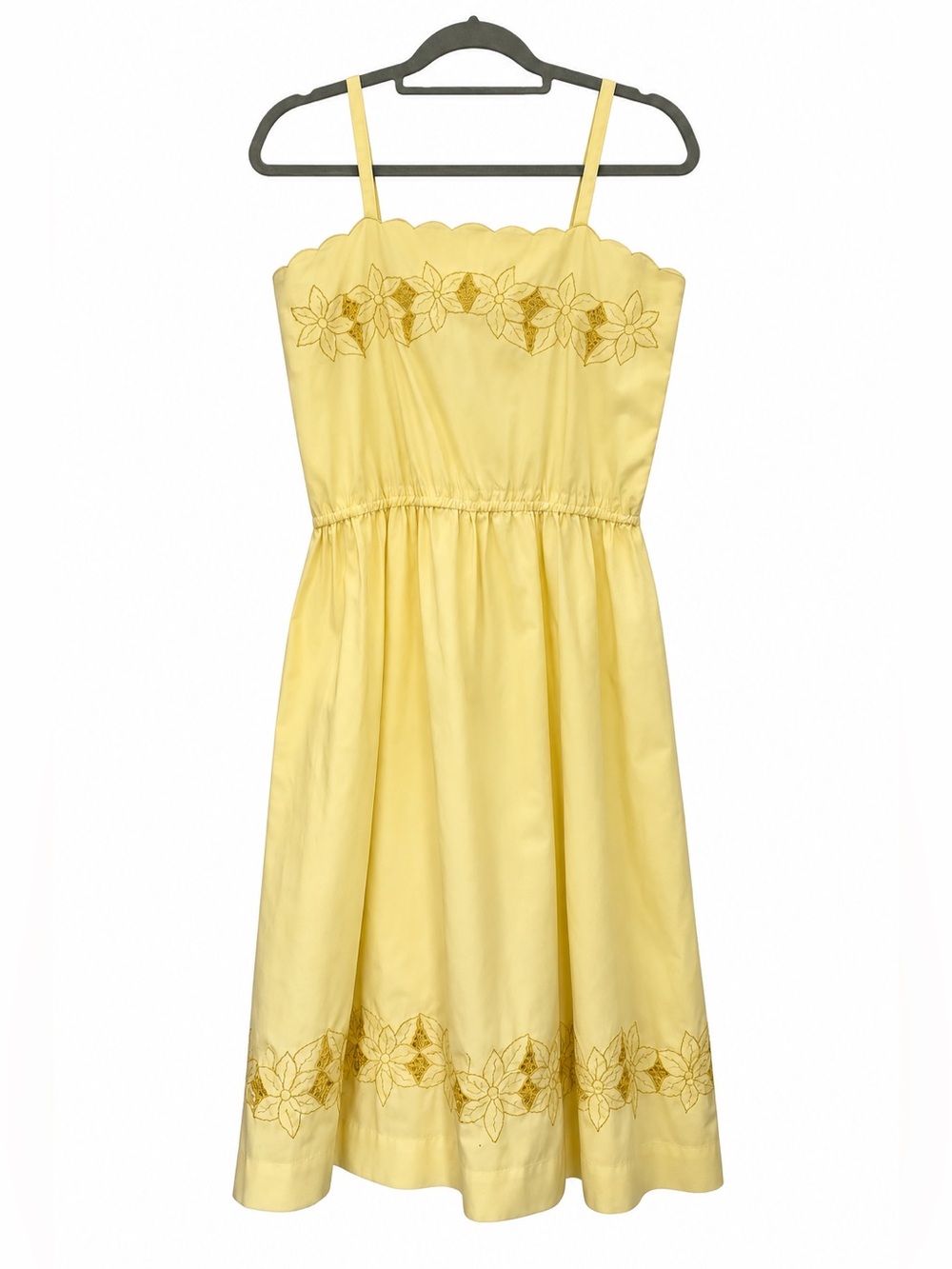 Vintage Yellow Embroidered Cotton Sundress Scallop Floral Midi Dress